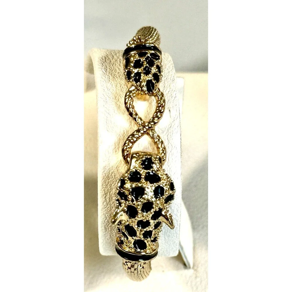 Vintage Double Leopard Panther Mesh Bracelet Green Eyes Gold Tone Statement